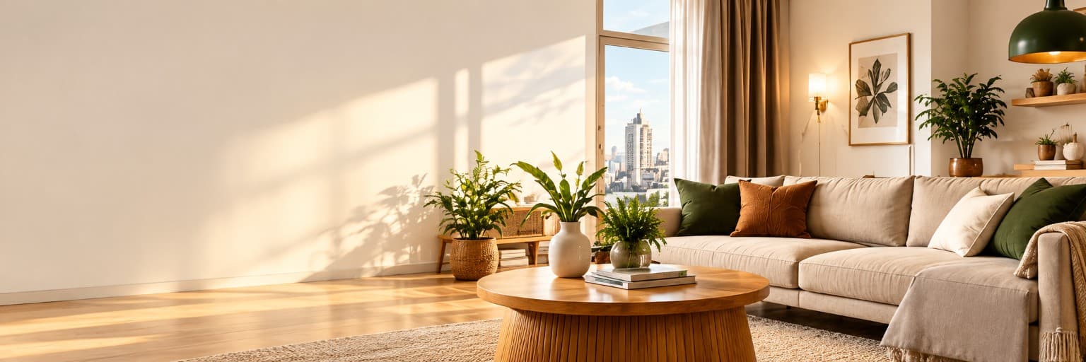 A sunlit living room with a cream sofa, green and rust cushions, a round wooden coffee table and potted plants